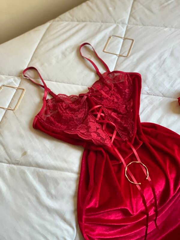 Set Robe + tong en Velours rouge longue avec fente - Image 2