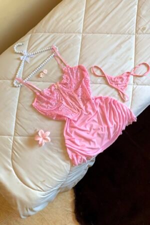 LINGERIE SEXY EN DENTELLE ROSE 🩷
