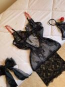chemise de nuit brodée dentelle fronde longue + string