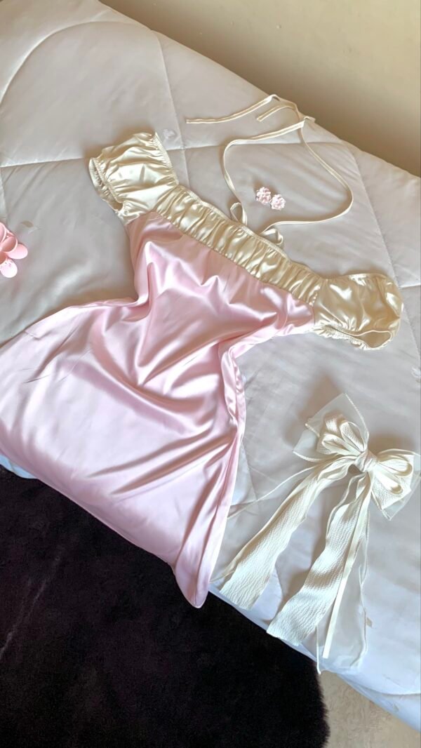 Robe satin mini rose/beige sur taille avec fermeture - Image 6
